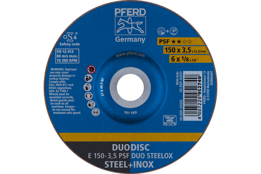 PFERD Combination Wheel, 6" x 1/8 x 7/8, PSF DUODISC STEELOX, T27, Aluminum oxide