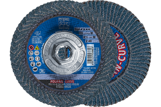 PFERD Flap Disc, 4-1/2" x 5/8-11, Z SGP CURVE STEELOX, 40 Grit, Medium Radius, Zirconia