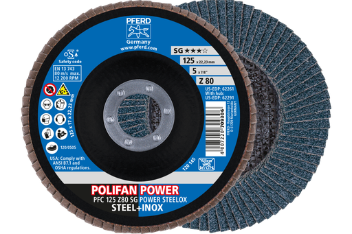 PFERD Flap Disc, 5" x 7/8, Z SG POWER STEELOX, 80 Grit, T29, Conical, Zirconia