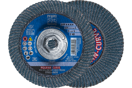 PFERD Flap Disc, 5" x 5/8-11, Z SGP CURVE STEELOX, 40 Grit, Large Radius, Zirconia