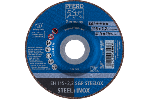 PFERD Cut-Off Wheel, 4-1/2" x 3/32 x 7/8, SGP STEELOX, T27, Aluminum oxide