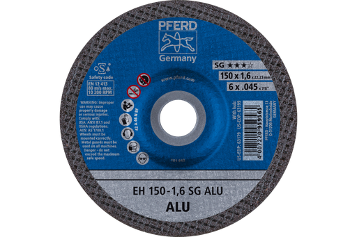 PFERD Cut-Off Wheel, 6" x .045 x 7/8, SG ALU, T27, Aluminum oxide