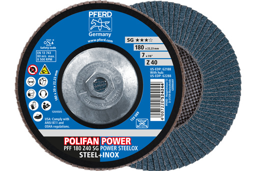 PFERD Flap Disc, 7" x 5/8-11, Z SG POWER STEELOX, 40 Grit, T27, Flat, Zirconia