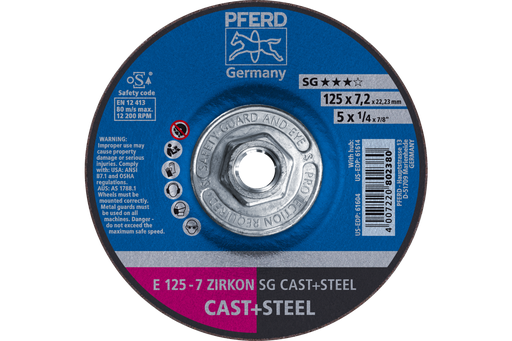 PFERD Grinding Wheel, 5" x 1/4 x 5/8-11, ZIRCON SG CAST+STEEL, T27, ZA, AO