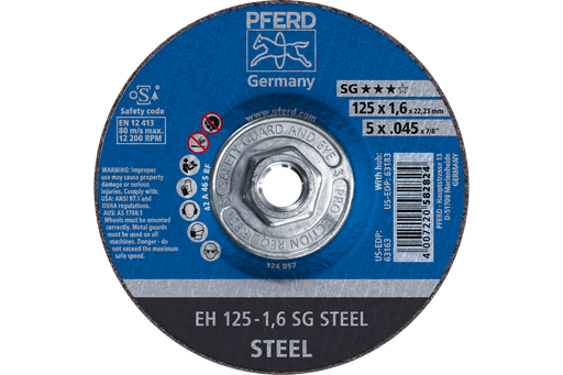 PFERD Cut-Off Wheel, 5" x .045 x 5/8-11, SG STEEL, T27, Aluminum oxide
