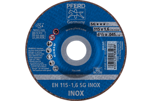 PFERD Cut-Off Wheel, 4-1/2" x .045 x 7/8, SG INOX, T27, Aluminum oxide