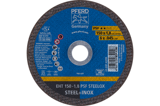 PFERD Cut-Off Wheel, 6" x .045 x 7/8, PSF STEELOX, T1, Aluminum oxide