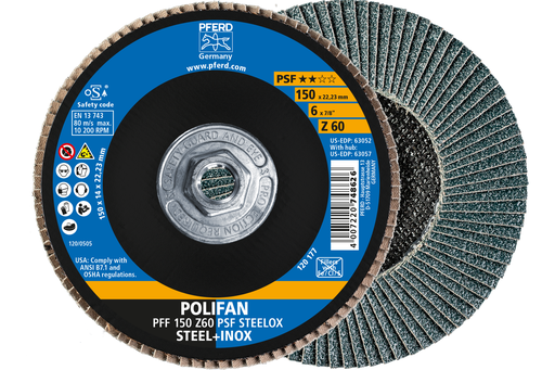 PFERD Flap Disc, 6" x 5/8-11, Z PSF STEELOX, 60 Grit, T27, Flat, Zirconia
