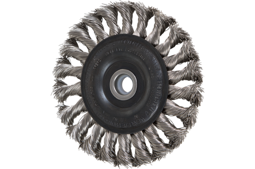 PFERD Standard Twist Knot Wire Wheel Brush 4" Dia. .014 Stainless Steel 1/2-3/8" Arbor
