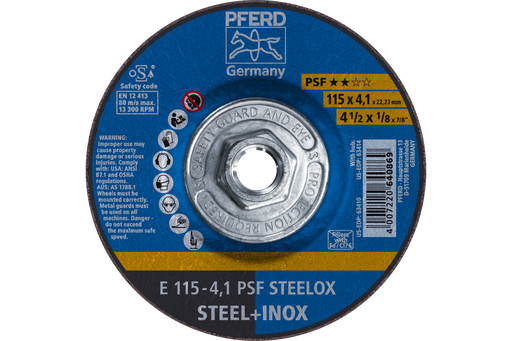 PFERD Grinding Wheel, 4-1/2" x 1/8 x 5/8-11, PSF STEELOX, T27, Aluminum oxide