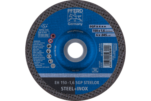PFERD Cut-Off Wheel, 6" x .045 x 7/8, SGP STEELOX, T27, Aluminum oxide
