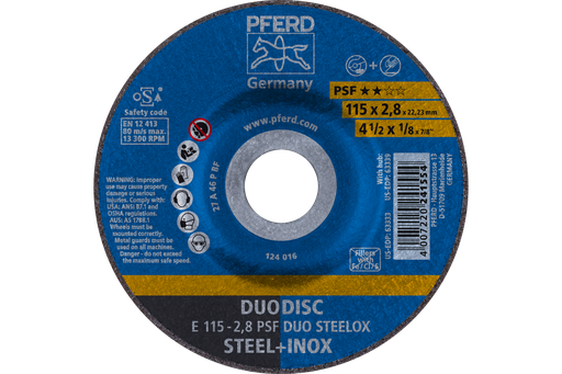 PFERD Combination Wheel, 4-1/2" x 1/8 x 7/8, PSF DUODISC STEELOX, T27, Aluminum oxide