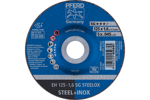 PFERD Cut-Off Wheel, 5" x .045 x 7/8, SG STEELOX, T27, Aluminum oxide
