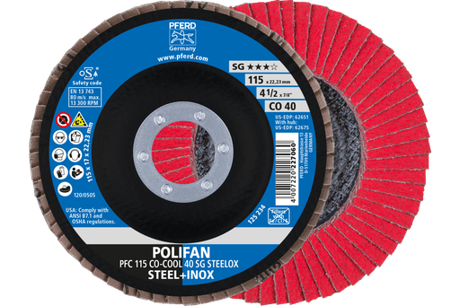 PFERD Flap Disc, 4-1/2" x 7/8, CO-COOL SG STEELOX, 40 Grit, T29, Conical, Ceramic oxide