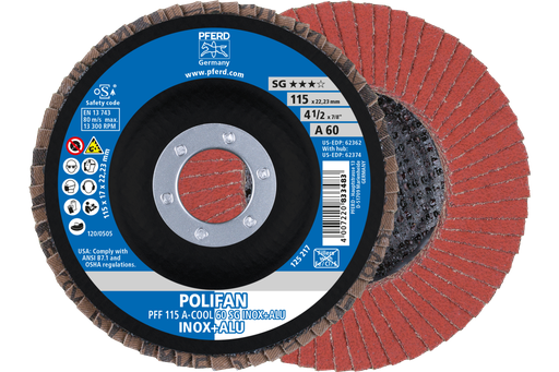 PFERD Flap Disc, 4-1/2" x 7/8, A-COOL SG INOX+ALU, 60 Grit, T27, Flat, Aluminum oxide