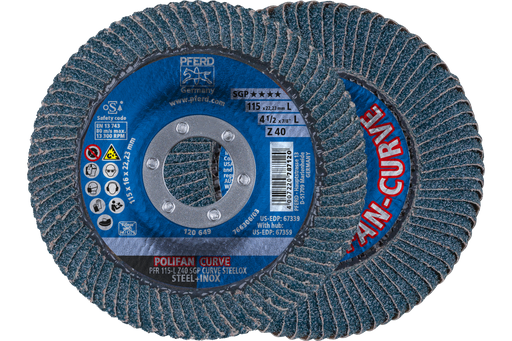 PFERD Flap Disc, 4-1/2" x 7/8, Z SGP CURVE STEELOX, 40 Grit, Large Radius, Zirconia