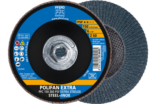 PFERD Flap Disc, 6" x 5/8-11, Z PSF EXTRA STEELOX, 60 Grit, T29, Conical, Zirconia