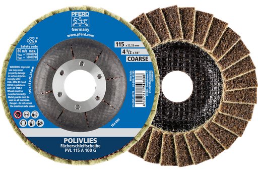 PFERD POLIVLIES® Non-Woven Flap Disc, 4-1/2" x 7/8, 100 Grit, Coarse, Aluminum oxide
