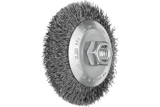 PFERD Crimped Wire Bevel Brush 4" Dia. .014 Carbon Steel 5/8-11" Thread