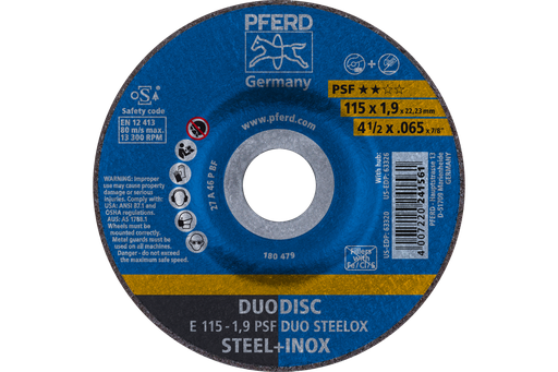 PFERD Combination Wheel, 4-1/2" x .065 x 7/8, PSF DUODISC STEELOX, T27, Aluminum oxide
