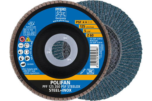 PFERD Flap Disc, 5" x 7/8, Z PSF STEELOX, 60 Grit, T27, Flat, Zirconia