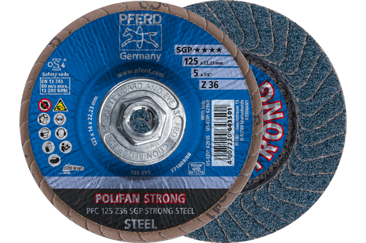 PFERD Flap Disc, 5" x 5/8-11, Z SGP STRONG STEEL, 36 Grit, T29, Conical, Zirconia