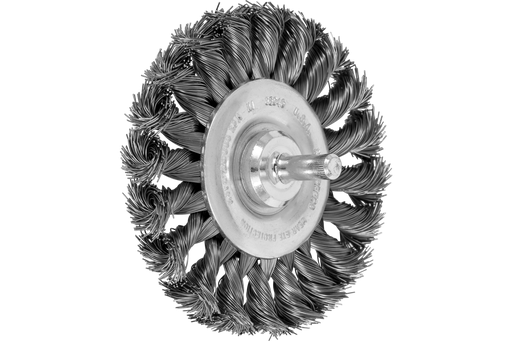 PFERD Mounted Knot Wheel Brush 3-1/4" Dia. .014 Carbon Steel 1/4" Shank
