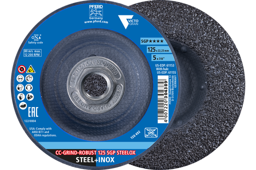 PFERD Grinding disc, CC-GRIND®-ROBUST, 5" x 5/8-11, SGP STEELOX VICTOGRAIN®, Ceramic