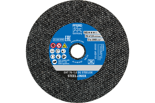 PFERD Die Grinder Cut-Off Wheel, 3" x .040 x 3/8, SG STEELOX, T1, Aluminum oxide