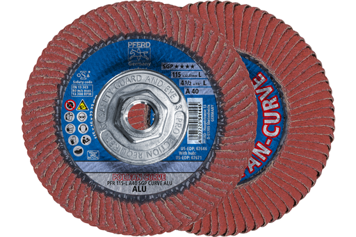 PFERD Flap Disc, 4-1/2" x 5/8-11, A SGP CURVE ALU, 40 Grit, Large Radius, Aluminum Oxide