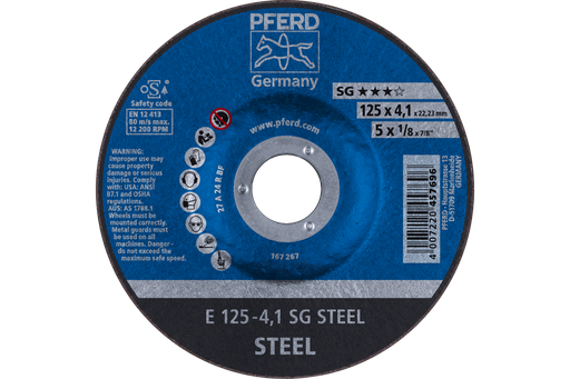 PFERD Grinding Wheel, 5" x 1/8 x 7/8, SG STEEL, T27, Aluminum oxide