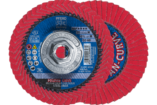 PFERD Flap Disc,4-1/2"x5/8-11,CO SGP CURVE STEELOX,60 Grit, Medium Radius, Ceramic oxide