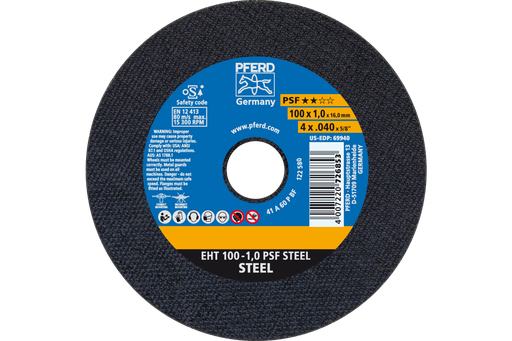 PFERD Cut-Off Wheel, 4" x .040 x 5/8, PSF STEEL, T1, Aluminum oxide