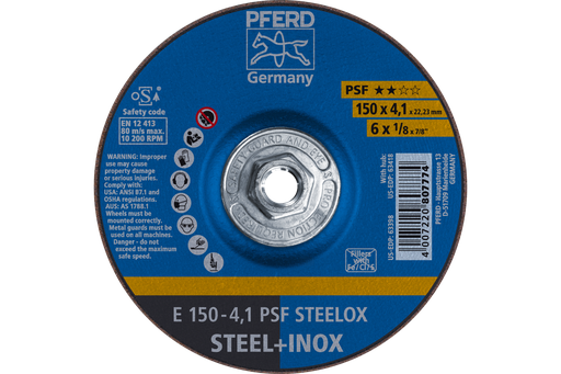 PFERD Grinding Wheel, 6" x 1/8 x 5/8-11, PSF STEELOX, T27, Aluminum oxide