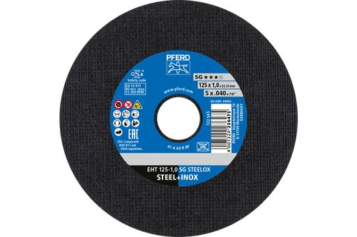 PFERD Cut-Off Wheel, 5" x .040 x 7/8, SG STEELOX, T1, Aluminum oxide