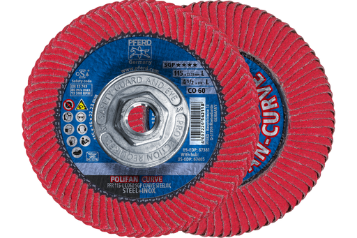 PFERD Flap Disc, 4-1/2"x5/8-11,CO SGP CURVE STEELOX,60 Grit, Large Radius, Ceramic oxide