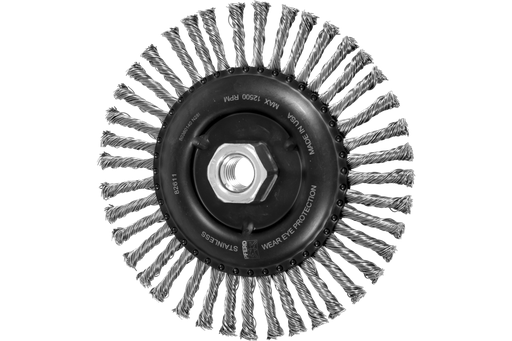 PFERD Stringer Bead Wheel Brush 6" Dia .020 Stainless Steel 5/8-11" Thread