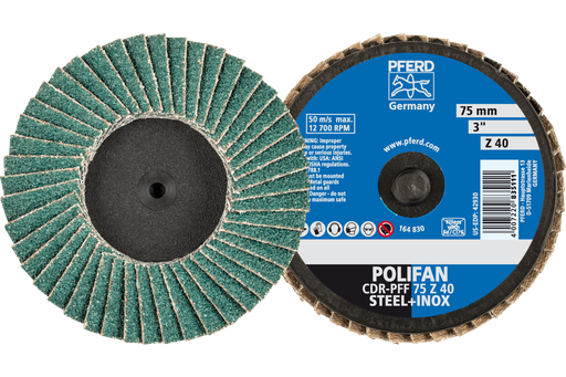 PFERD Mini Flap Disc, 3" Dia, Type CDR, 40 Grit, Flat, Zirconia alumina