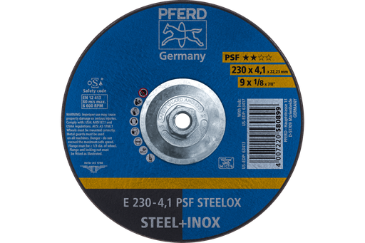 PFERD Grinding Wheel, 9" x 1/8 x 5/8-11, PSF STEELOX, T27, Aluminum oxide