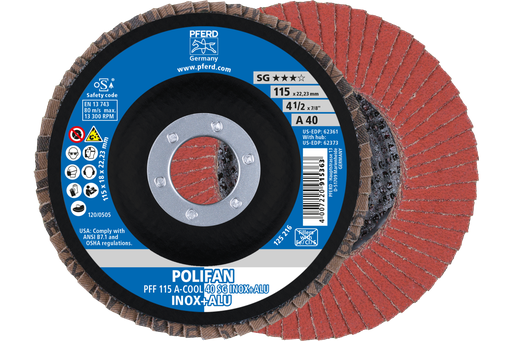 PFERD Flap Disc, 4-1/2" x 7/8, A-COOL SG INOX+ALU, 40 Grit, T27, Flat, Aluminum oxide