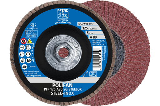 PFERD Flap Disc, 5" x 5/8-11, A SG STEELOX, 80 Grit, T27, Flat, Aluminum oxide