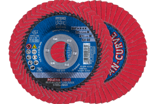 PFERD Flap Disc, 4-1/2" x 7/8,CO SGP CURVE STEELOX,60 Grit, Medium Radius, Ceramic oxide