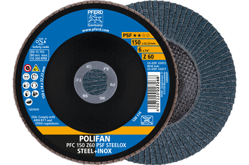 PFERD Flap Disc, 6" x 7/8, Z PSF STEELOX, 60 Grit, T29, Conical, Zirconia