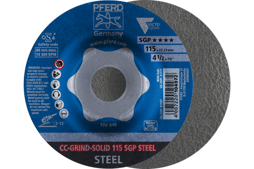 PFERD Grinding disc, CC-GRIND®-SOLID, 4-1/2" x 7/8, SGP STEEL VICTOGRAIN®, Ceramic