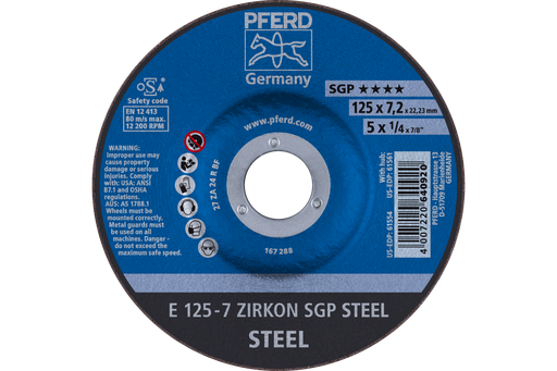 PFERD Grinding Wheel, 5" x 1/4 x 7/8, SGP ZIRKON STEEL, T27, AO, SiC