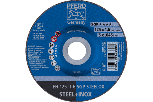 PFERD Cut-Off Wheel, 5" x .045 x 7/8, SGP STEELOX, T27, Aluminum oxide