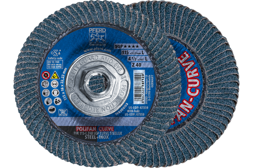 PFERD Flap Disc, 4-1/2" x 5/8-11, Z SGP CURVE STEELOX, 40 Grit, Large Radius, Zirconia