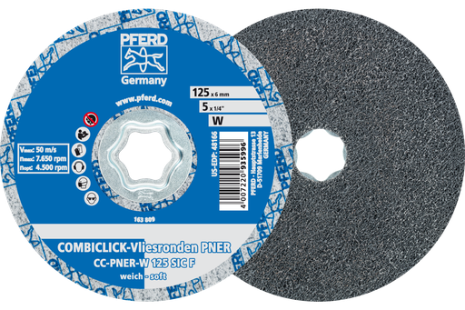 PFERD COMBICLICK® Unitized Disc, 5" Dia, Fine, Soft, 2SF, Silicon carbide