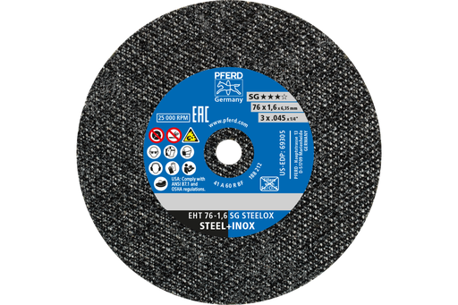 PFERD Die Grinder Cut-Off Wheel, 3" x .045 x 1/4, SG STEELOX, T1, Aluminum oxide