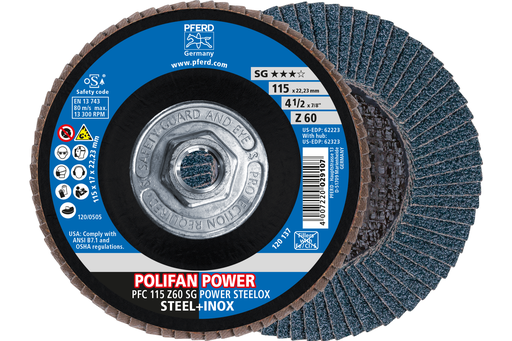 PFERD Flap Disc, 4-1/2" x 5/8-11, Z SG POWER STEELOX, 60 Grit, T29, Conical, Zirconia